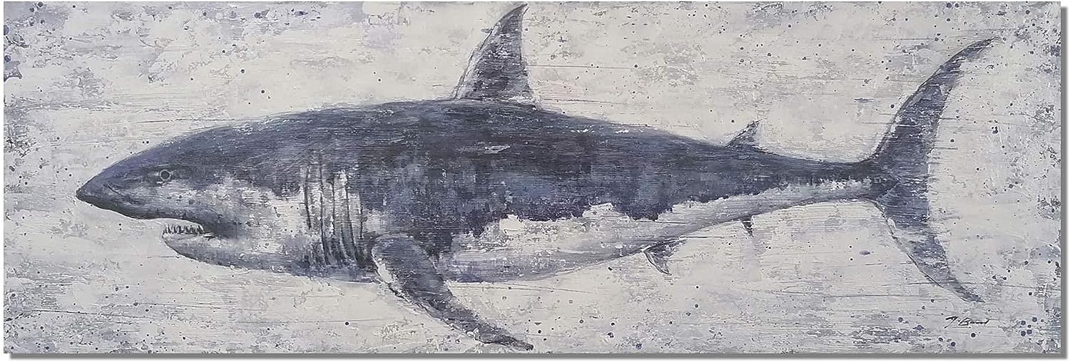 NdcSkyArt Shark Fish Nautical Wall Decor, Beach Theme Wall Art for Bedroom Bathroom Living Room Office - Coastal Style Decor Indigo Fish Pictures Ready to Hang (36Wx12H) A Shark