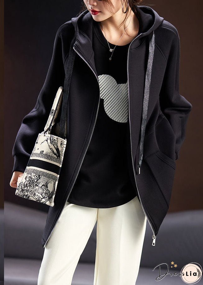Plus Size Black Drawstring Zippered Hooded Coat Fall
