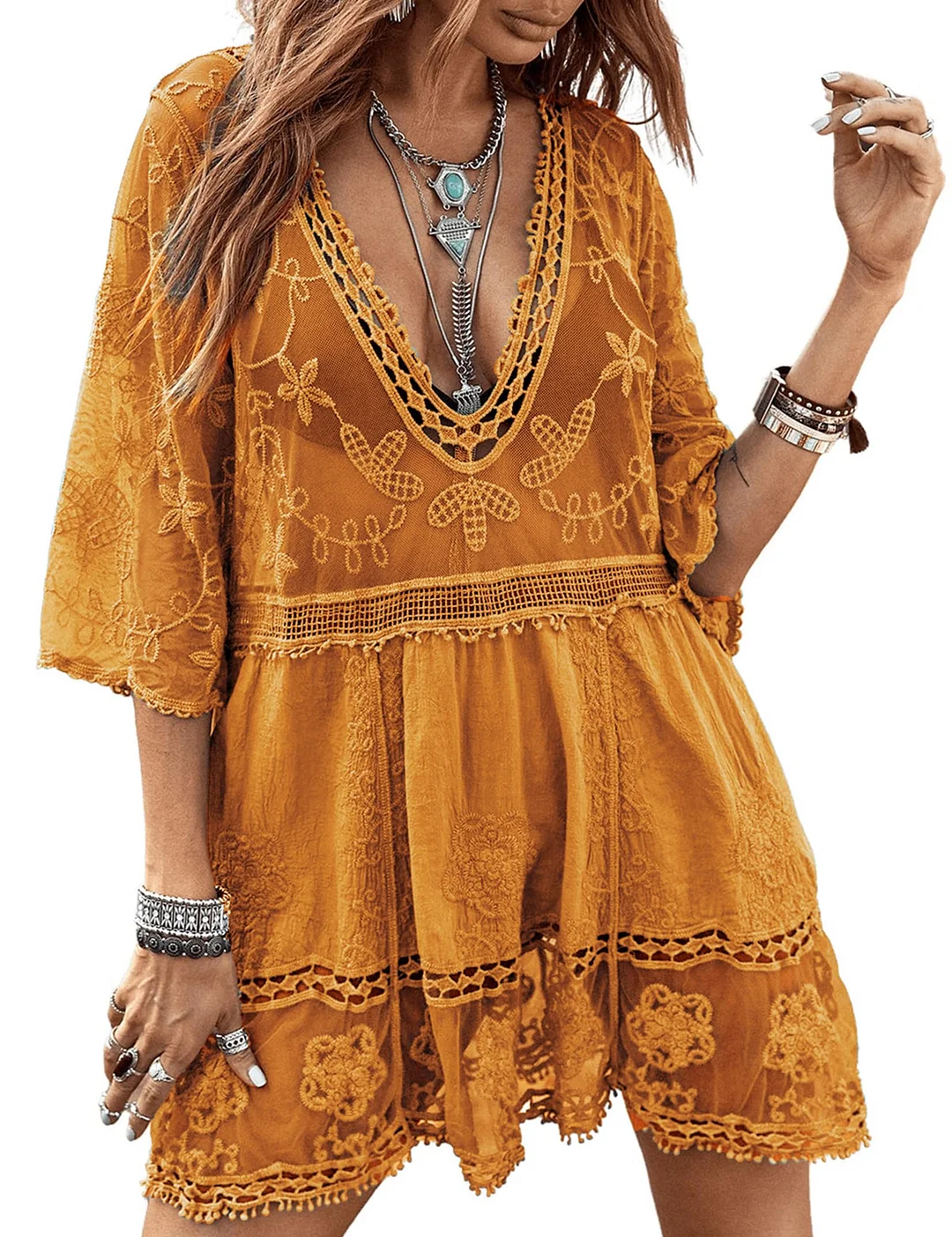 B2prity Women's Contrast Lace Bathing Suit Cover Up V-Neck Swimsuit Coverups Loose Swimwear Beach Dress Beachwear