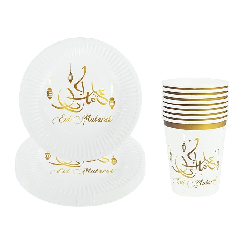 1set Eid Mubarak Disposable Tableware Paper Plates Cups for Ramadan Kareem Decoration Islamic Muslim Festival Party Supplies