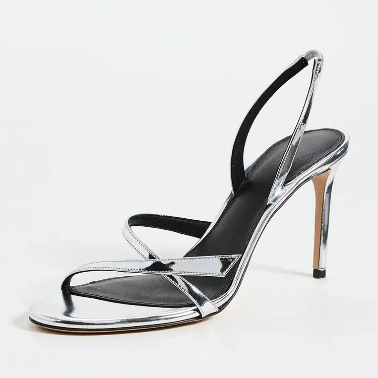 Silver Metallic Patent Finish Round Toe Slingback Strap Heels Sandals |FSJ Shoes