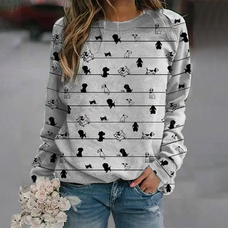 Dog Print Casual Long Sleeve Sweatshirt