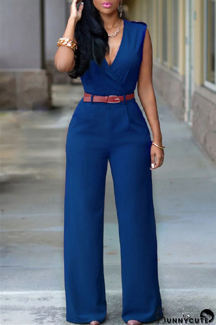 Lake Blue Fashion Casual Solid Patchwork With Belt V Neck Regular Jumpsuits