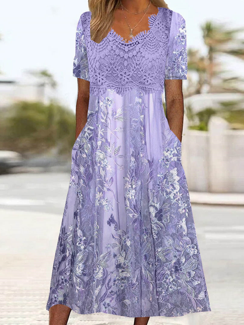 Women's Short Sleeve V-neck Floral Printed Lace Stitching Midi Dress