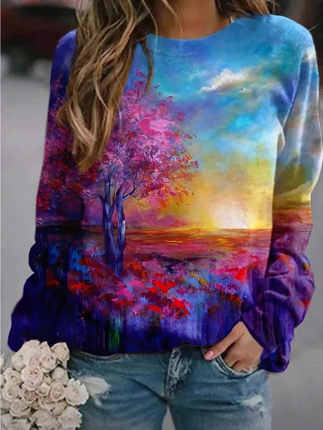 Uveng Landscape Flower Floral Print Long Sleeve Sweaters