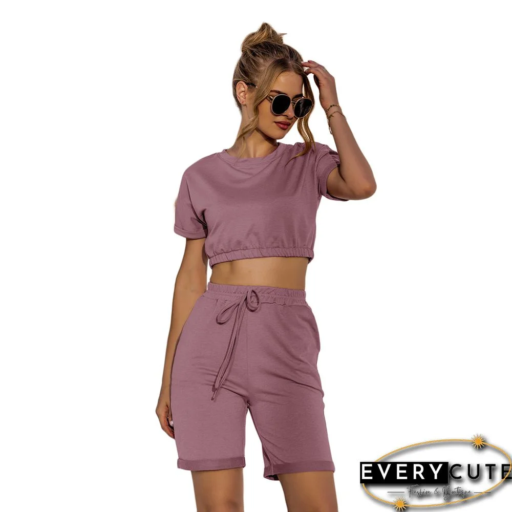 Pink Crop Top with Drawstring Shorts Set