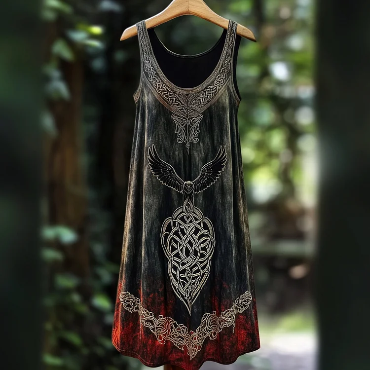 Vintage Mystical Viking Raven Embroidered Linen Tank Dress
