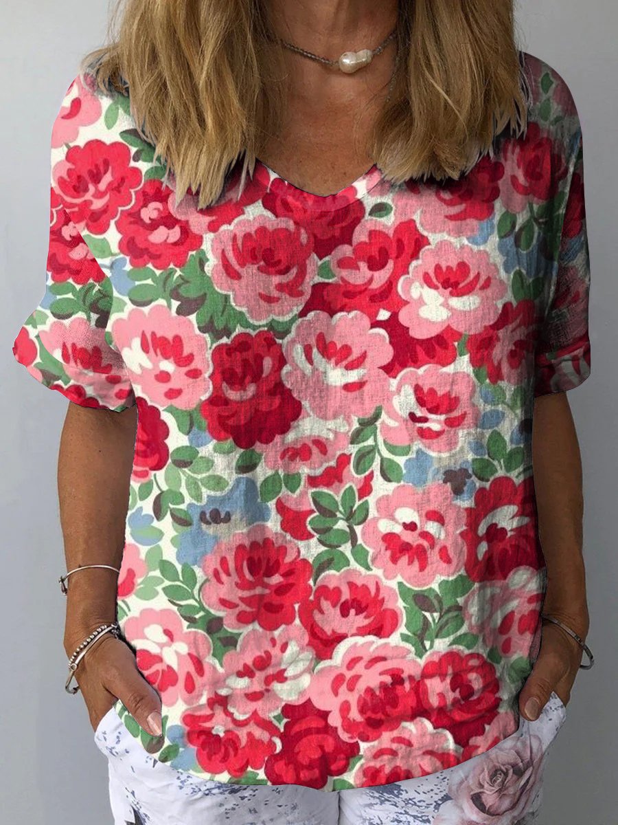 Red Flower Print Women's Print Casual Cotton And Linen Shirt