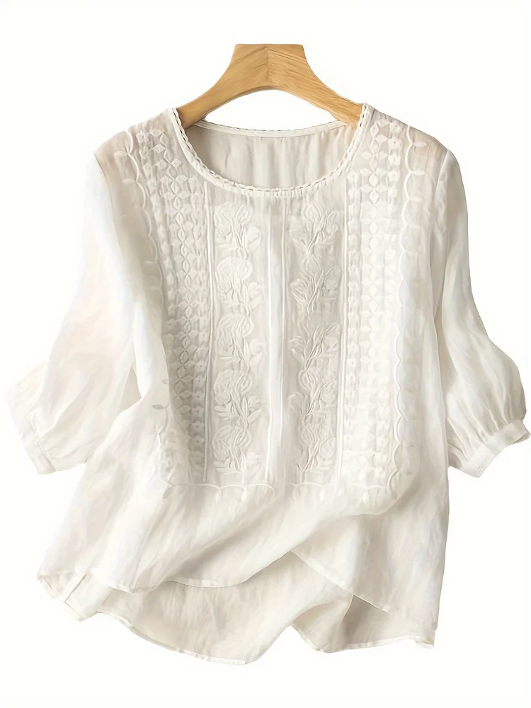 Soft & Lightweight Elegant Women's Embroidered T-Shirt | Crew Neck, Long Sleeve, Multiple Colors And Sizes, Casual Wear, Intricate Patterns, Blend