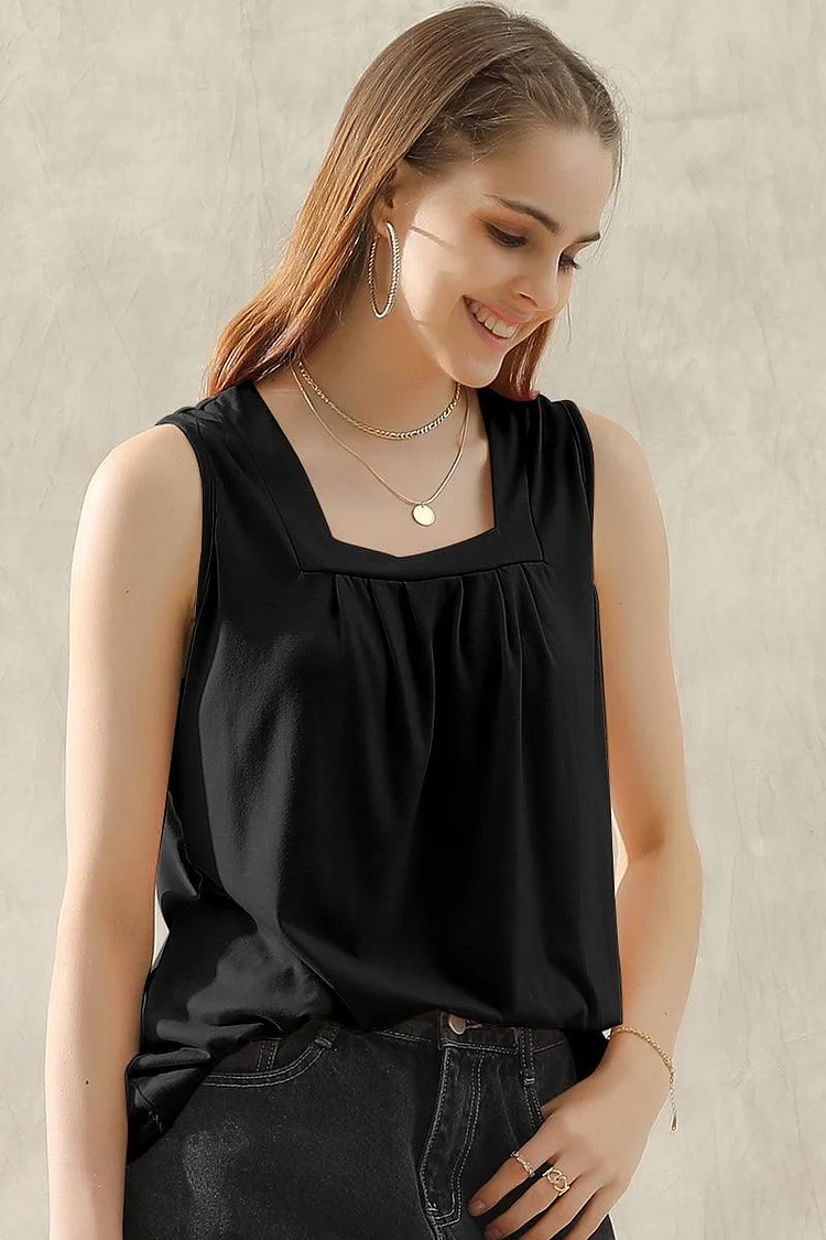 Square Neck Wrinkled Chest Sleeveless Top