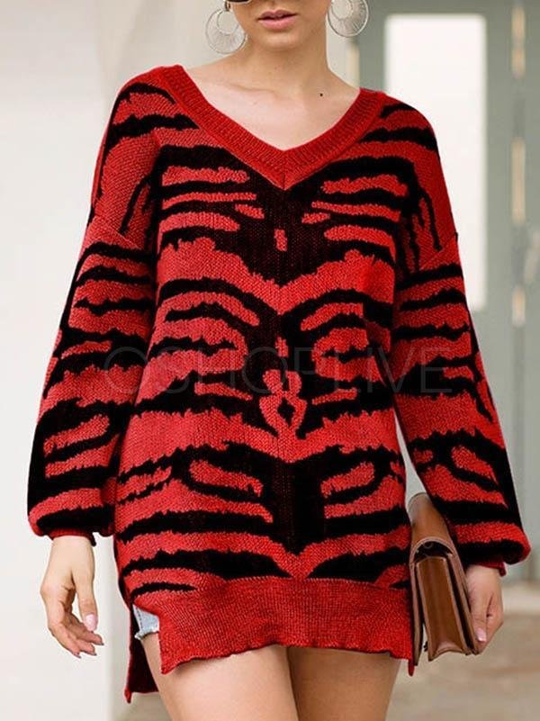 Printed Slit Long Sleeve V-Neck Sweater