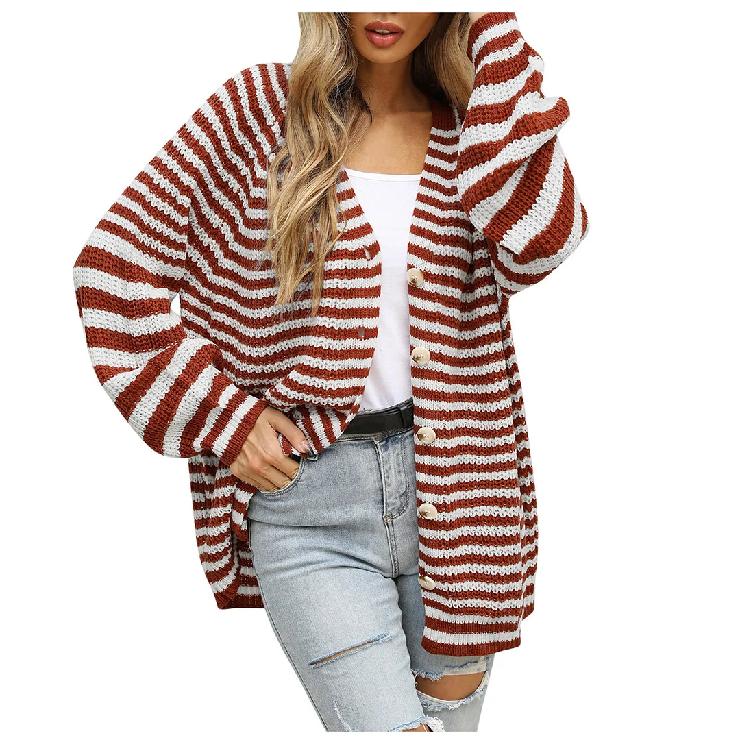 Wongn Wongn Women's Knit Cardigan Button Loose Sweater Long Sleeve Striped Fashion Women's Autumn And Winter Coat Outside