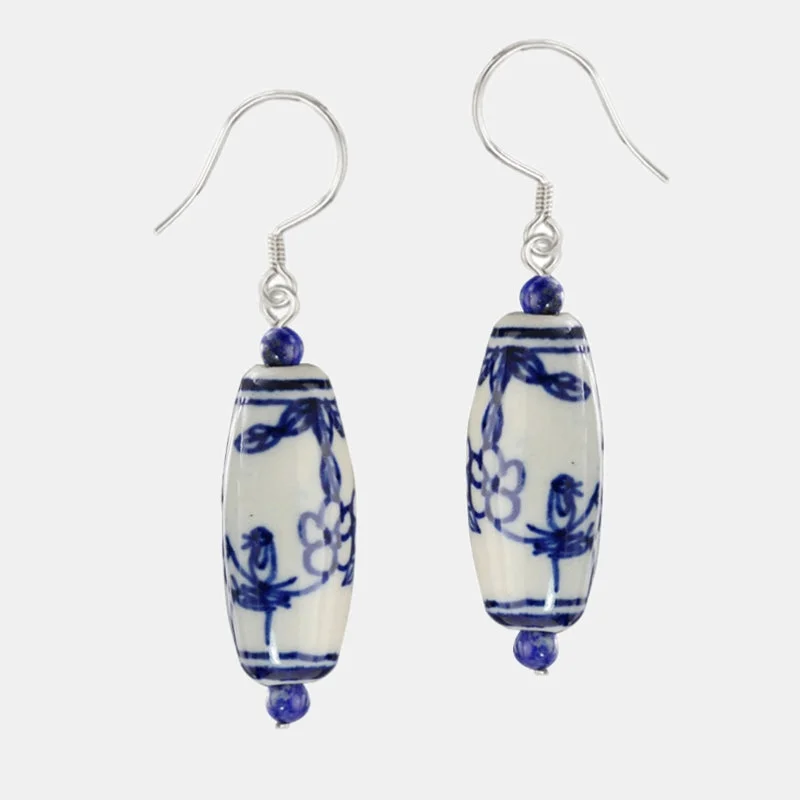 Blue and White Porcelain Earrings Pure Silver Ear Hook Chinese Style Handmade Ceramic Classical Earrings