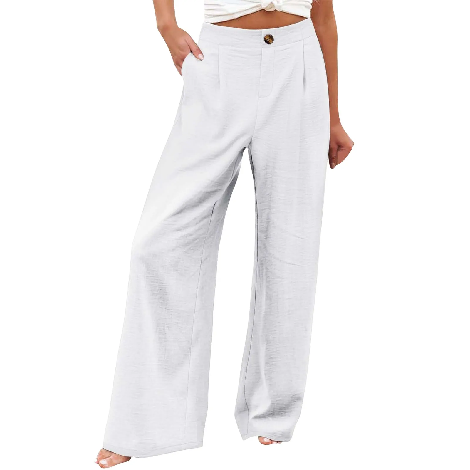Women High Waist Button Pleated Wide Leg Pants
