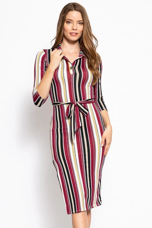 Stripes Print, Midi Tee Dress With 3/4 Sleeves, Collared V Neckline,
