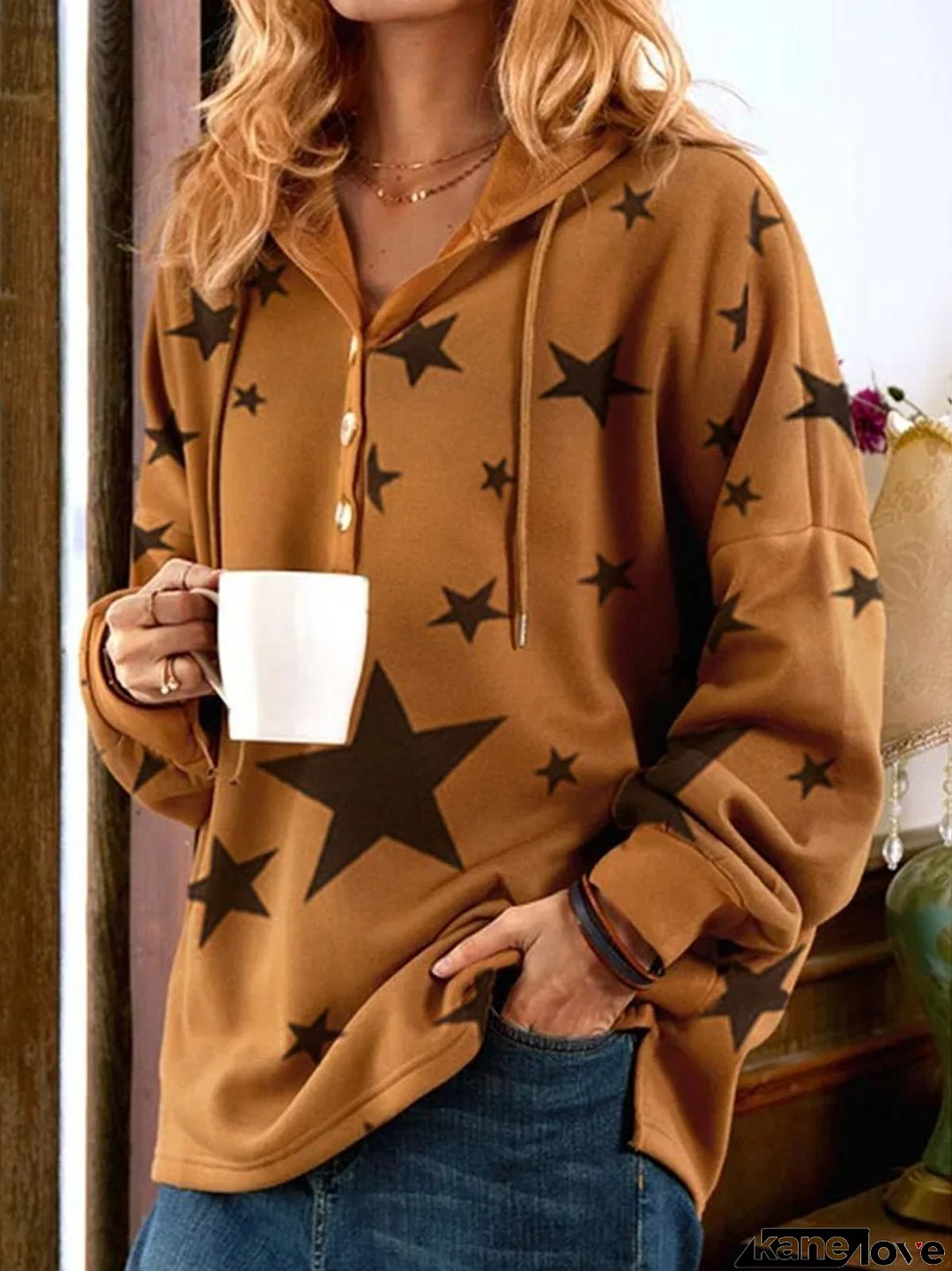 Women's Hoodies Printed Buttons Long Sleeve Drawstring Hoodie
