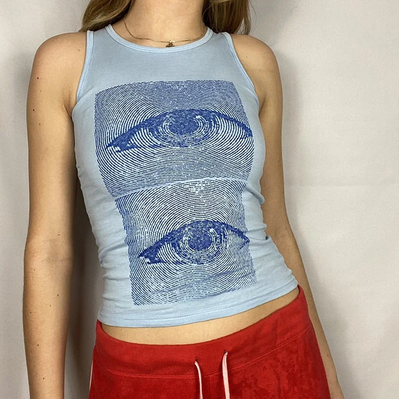 Rapcopter Eyes Printed y2k Tank Tops Harajuku Corset Tops Vintage Fashion Streetwear Sleeveless Crop Top Women Casual Sweat Vest