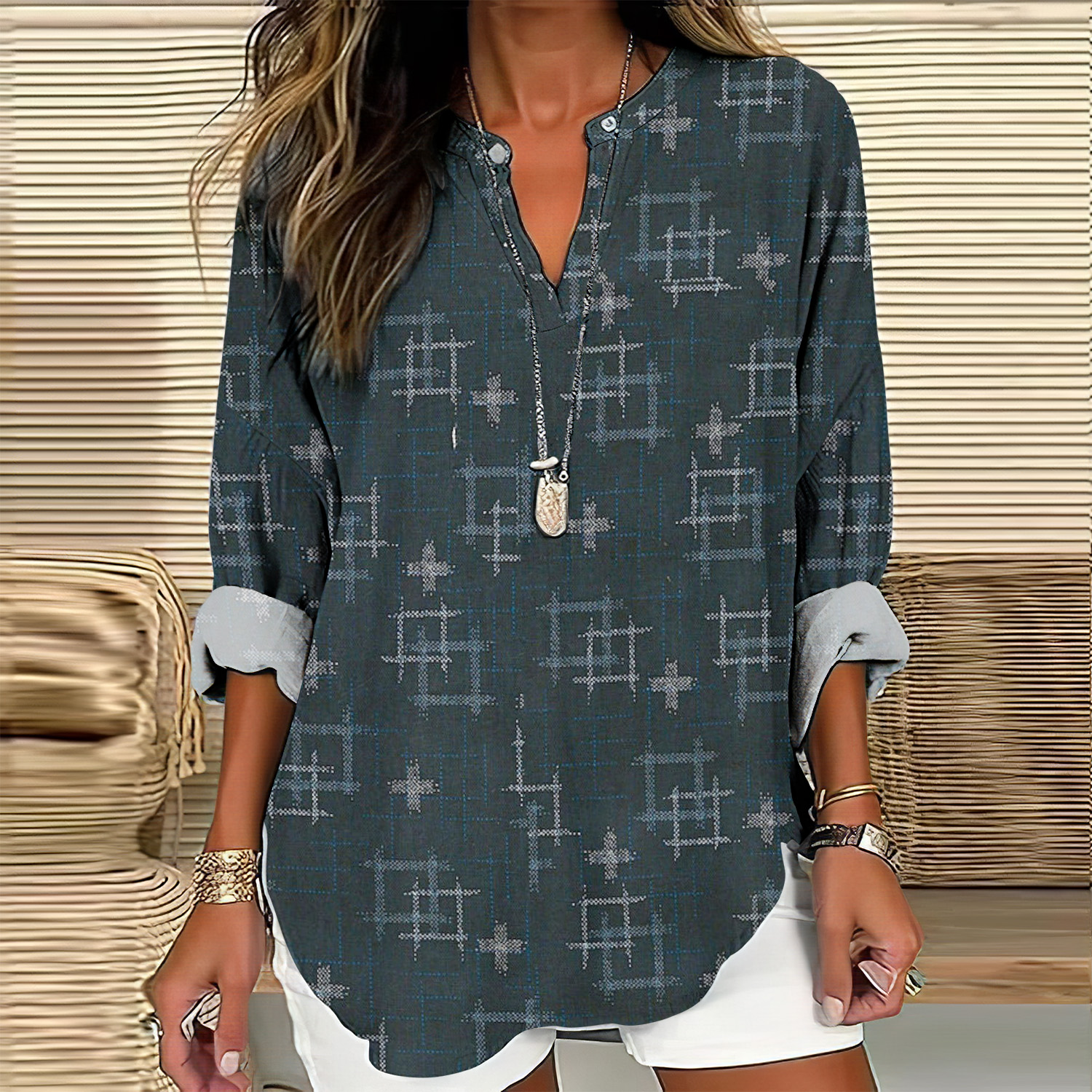 Comstylish Japanese Art Print V-Neck Loose Blouse