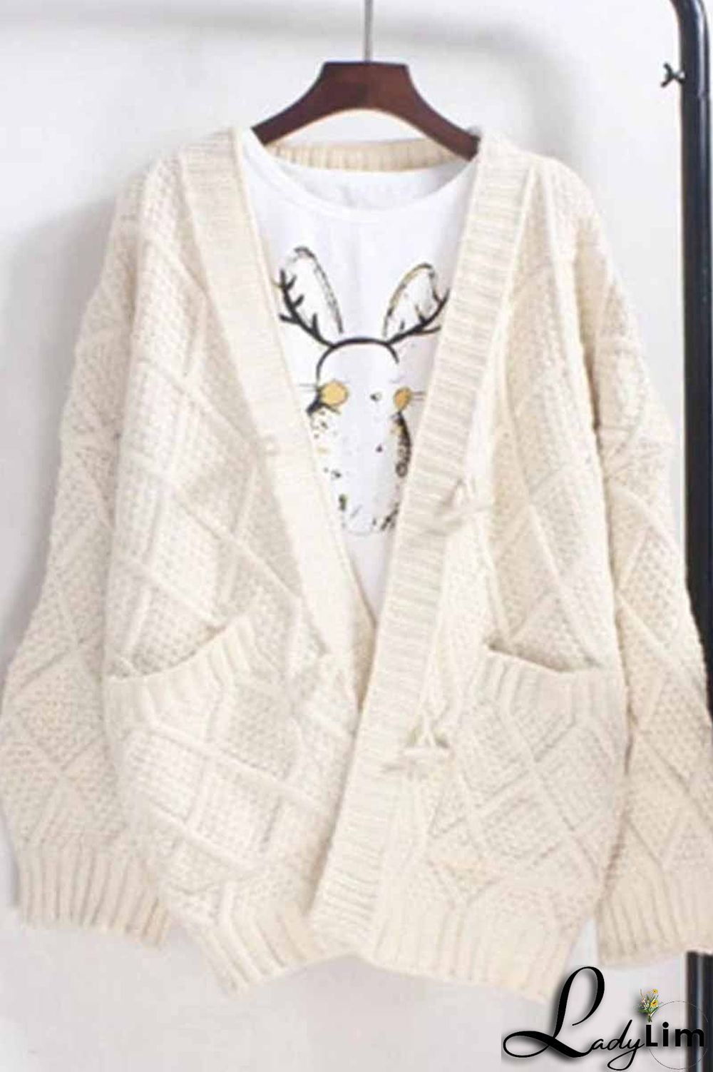 Solid Ribbed Horn Buckle Pockets Cardigan