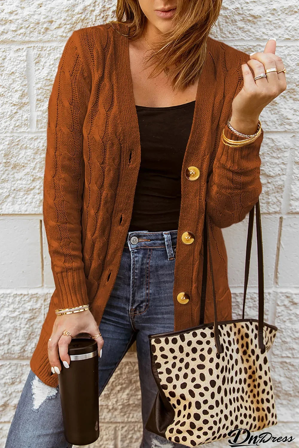 Brown Button Pocket Knit Cardigan