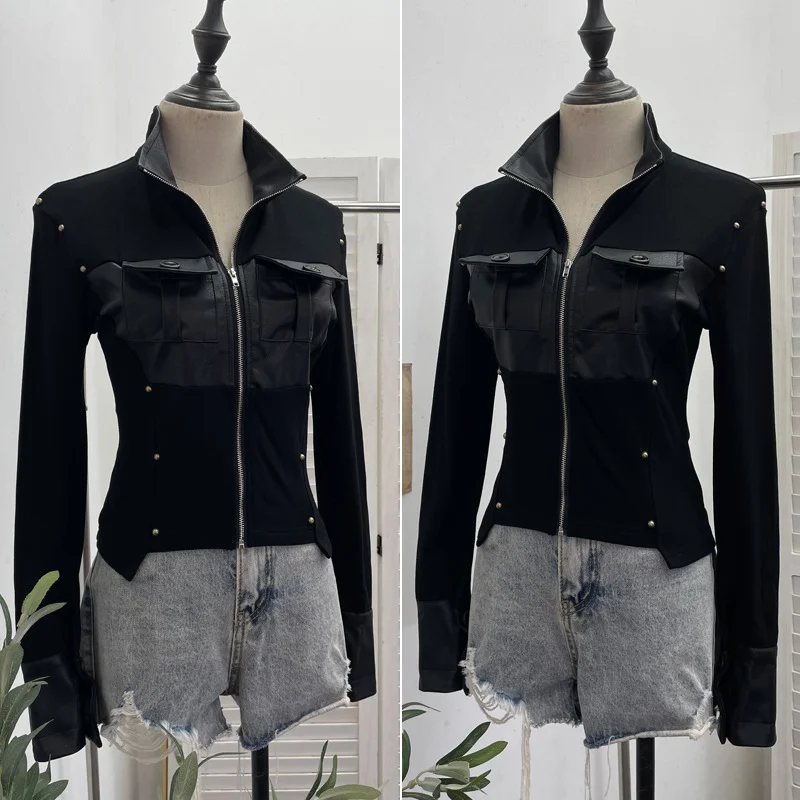 Nigikala Nigikala Modern Zipper Collar Spliced Pu Leather Shirt Babes Short Jacket Coat Fur Coat 1365