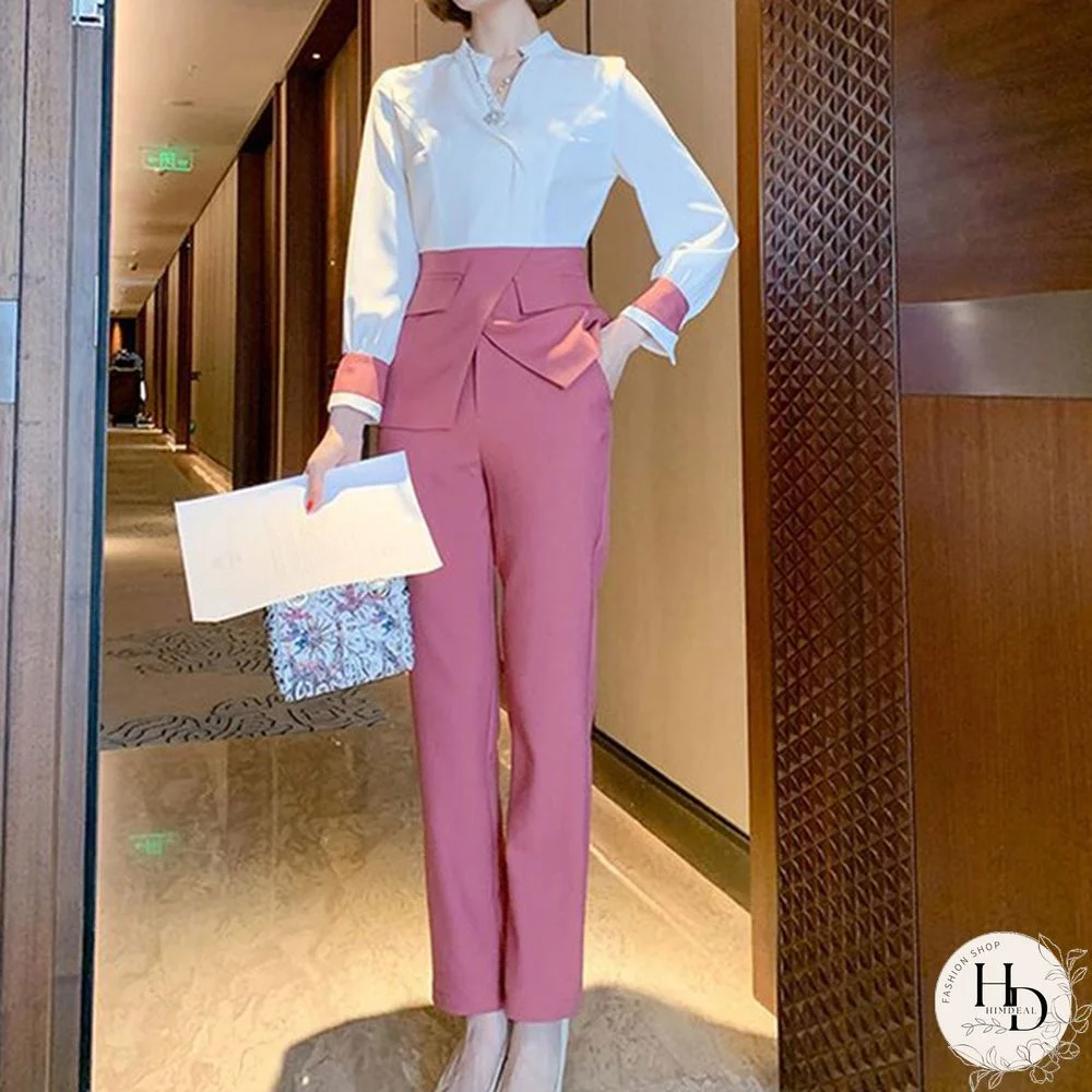 Autumn Suit Women Pants 2 Piece Set Elegant Office Lady Outfits Hit Color Blouse And Pants Fashion Sets