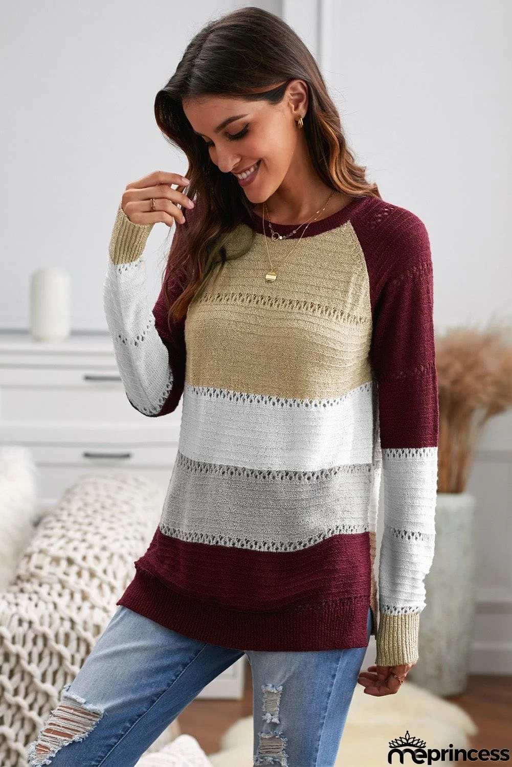 Multi-color Knitted Color Block Long Sleeve Crew Neck Sweater