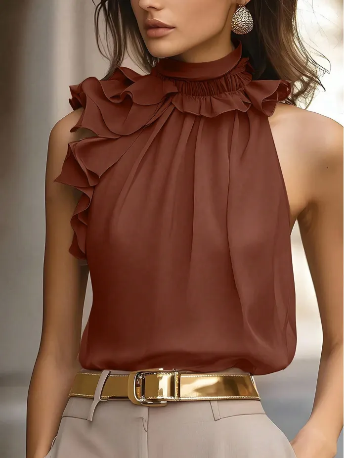 Sleeveless Halter Neck Ruffle Blouse
