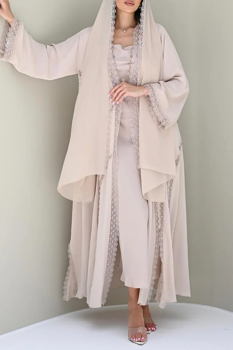 Irregular Lace Patchwork Slit Long Cardigan Midi Dresses 3pcs Set [Pre Order]