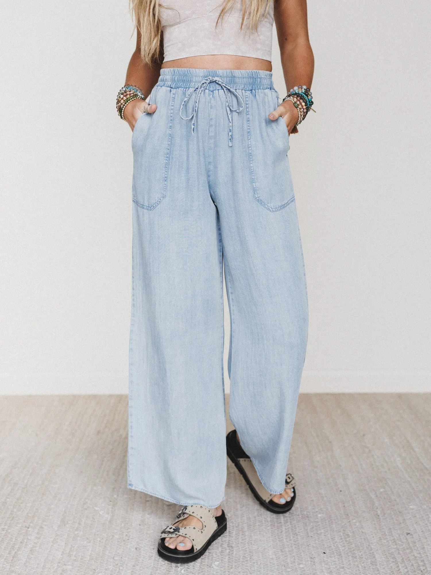 Casual Step Wide Leg Pants  - Light Denim