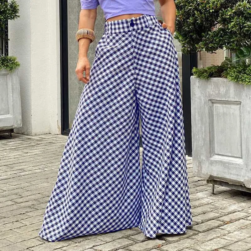 Summer High Waist Long Pants VONDA 2022 Wide Leg Women's Trousers Palazzo Pants Hosen Damen Vintage Plaid Printed Pantalones