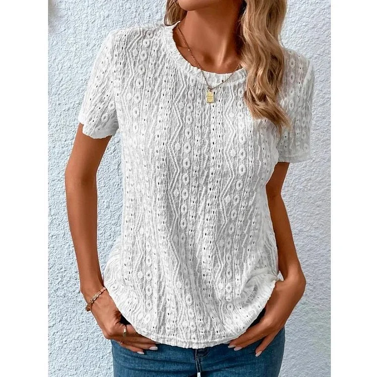 Casual Plain Crew Neck Short Sleeve Hollow Shirt