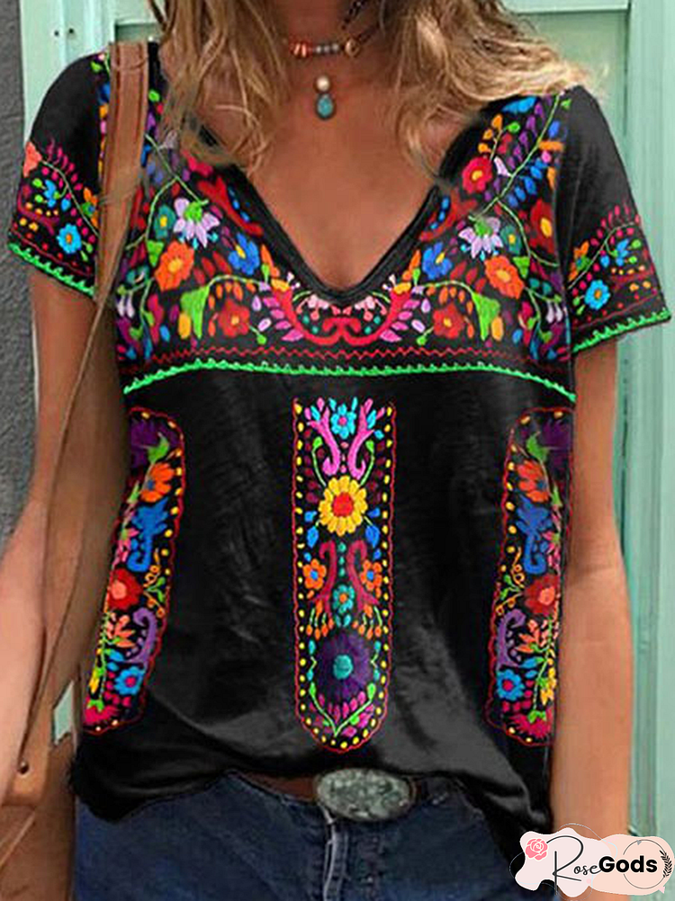 Tribal V Neck Cotton Blends Vintage Short Sleeve Tops