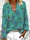 Boho Style Floral V Neck Long Sleeve Casual Shirts