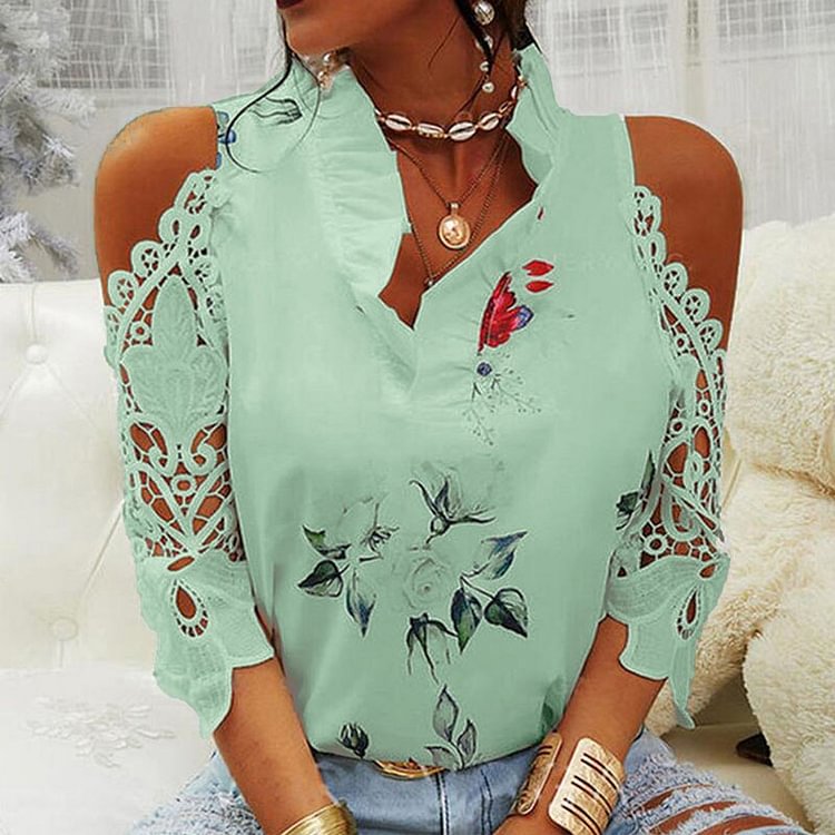 Sexy Hollow Out Printed Women's Blouses V-neck Fashionable Short Sleeve Lace Shirts Summer Women's Strapless Casual Blouse Tops