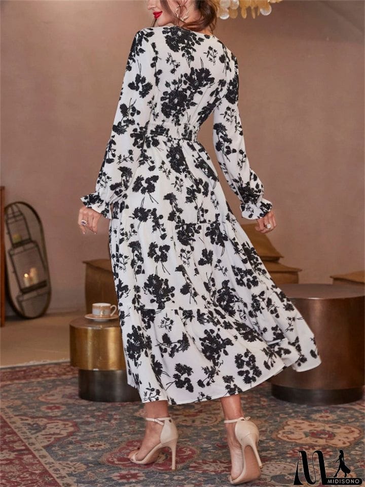 MidiSono - Autumn Winter Female Flower Print Long-sleeved Dresses