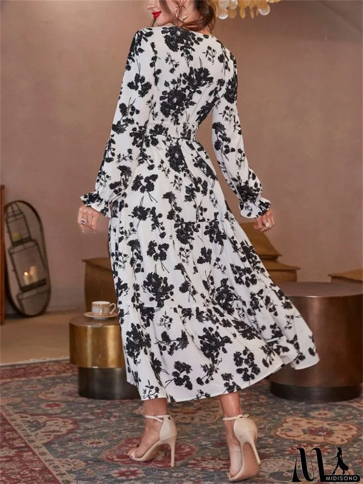MidiSono - Autumn Winter Female Flower Print Long-sleeved Dresses