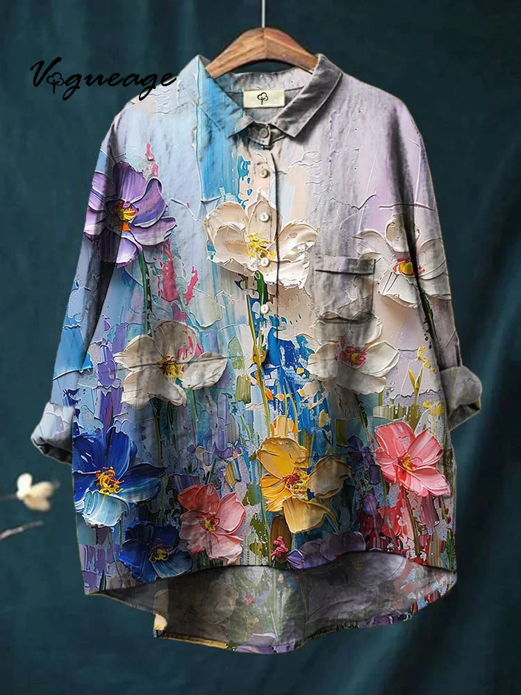 Bright And Pleasing Painting Flower Printed Cotton And Linen Shirt