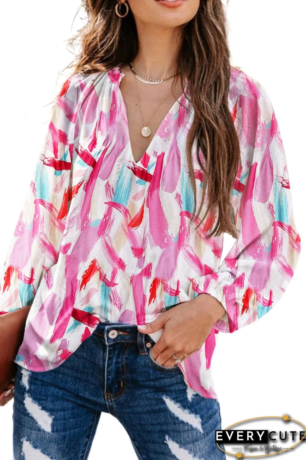 Pink Abstract Brush Print Loose Fit Long Sleeve Top