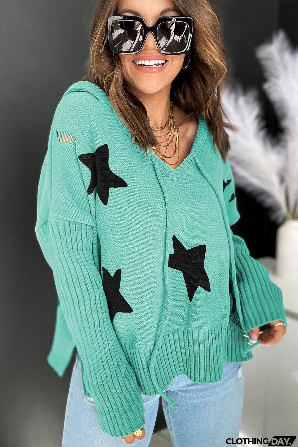 V Neck Star Pattern Hooded Sweater with Slits