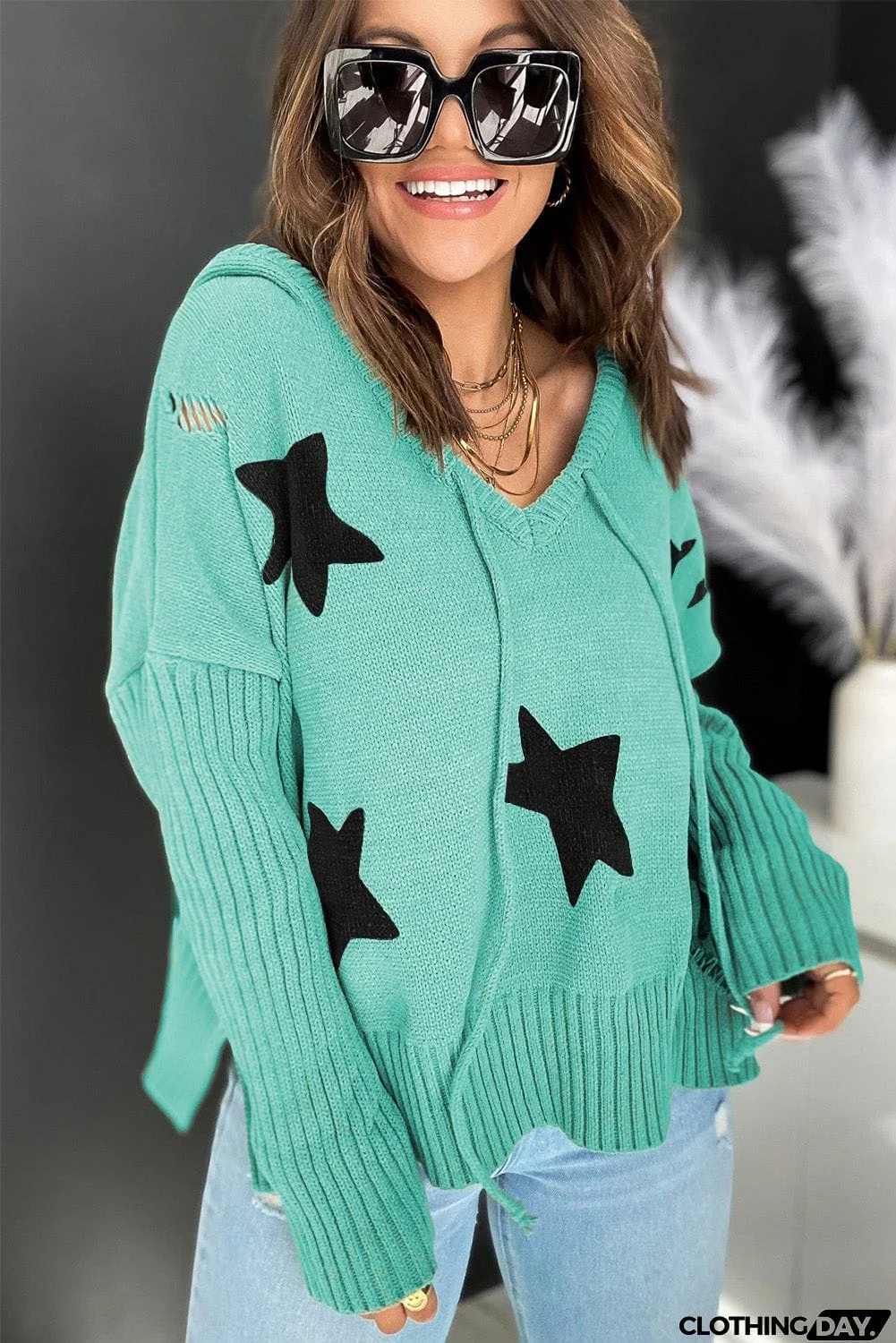 V Neck Star Pattern Hooded Sweater with Slits