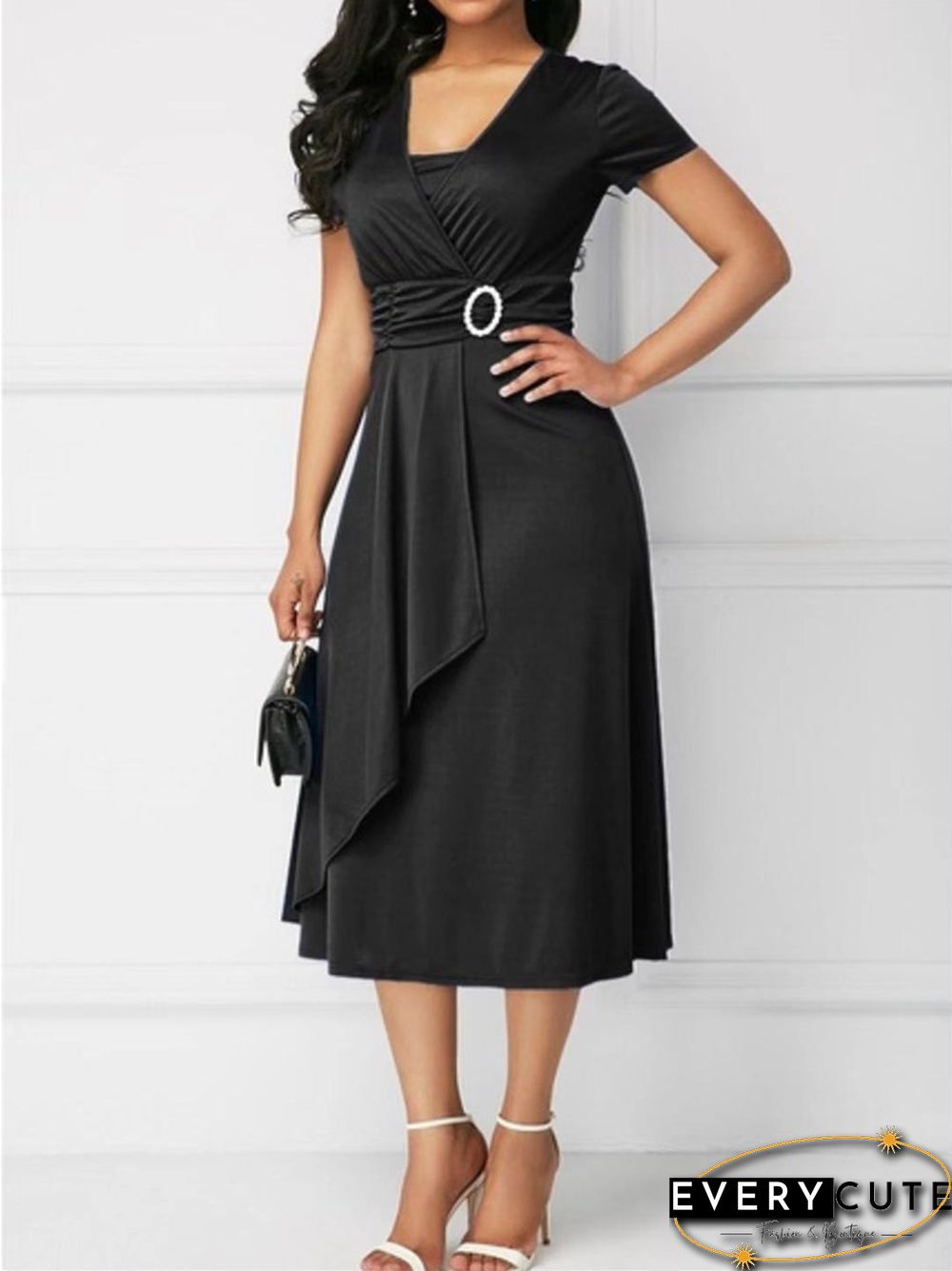 Fashion Temperament Asymmetric Skirt V-neck Dress Party Evening Dress Black Dresses