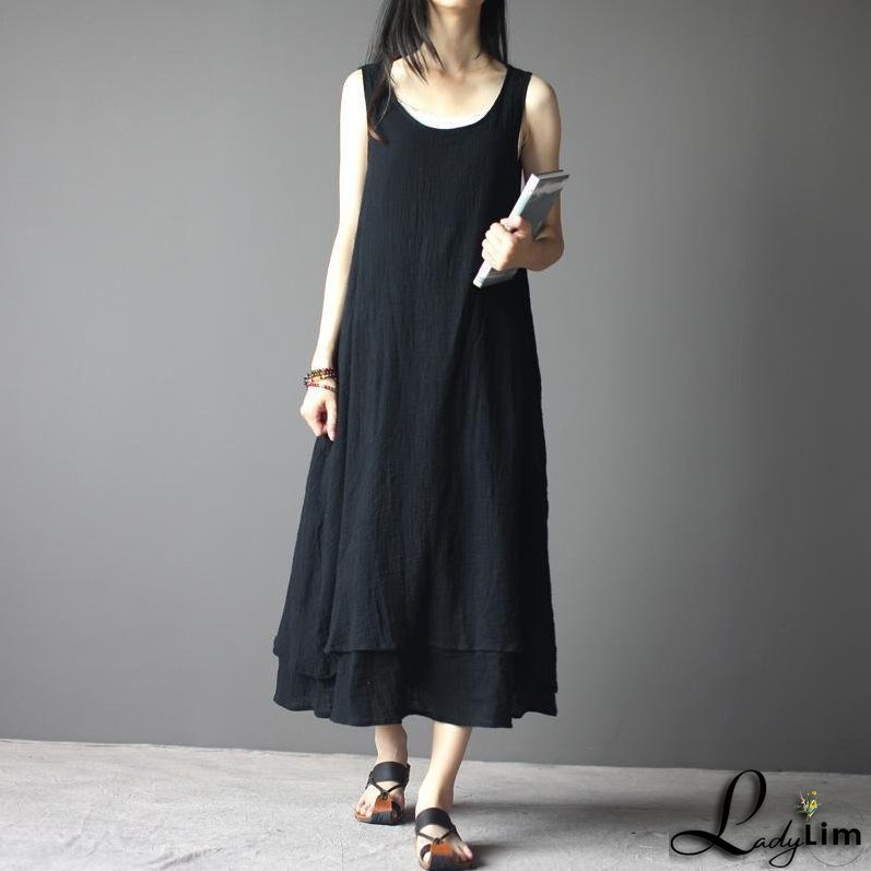 Black Linen Maxi Dress Sleeveless Summer Dresses
