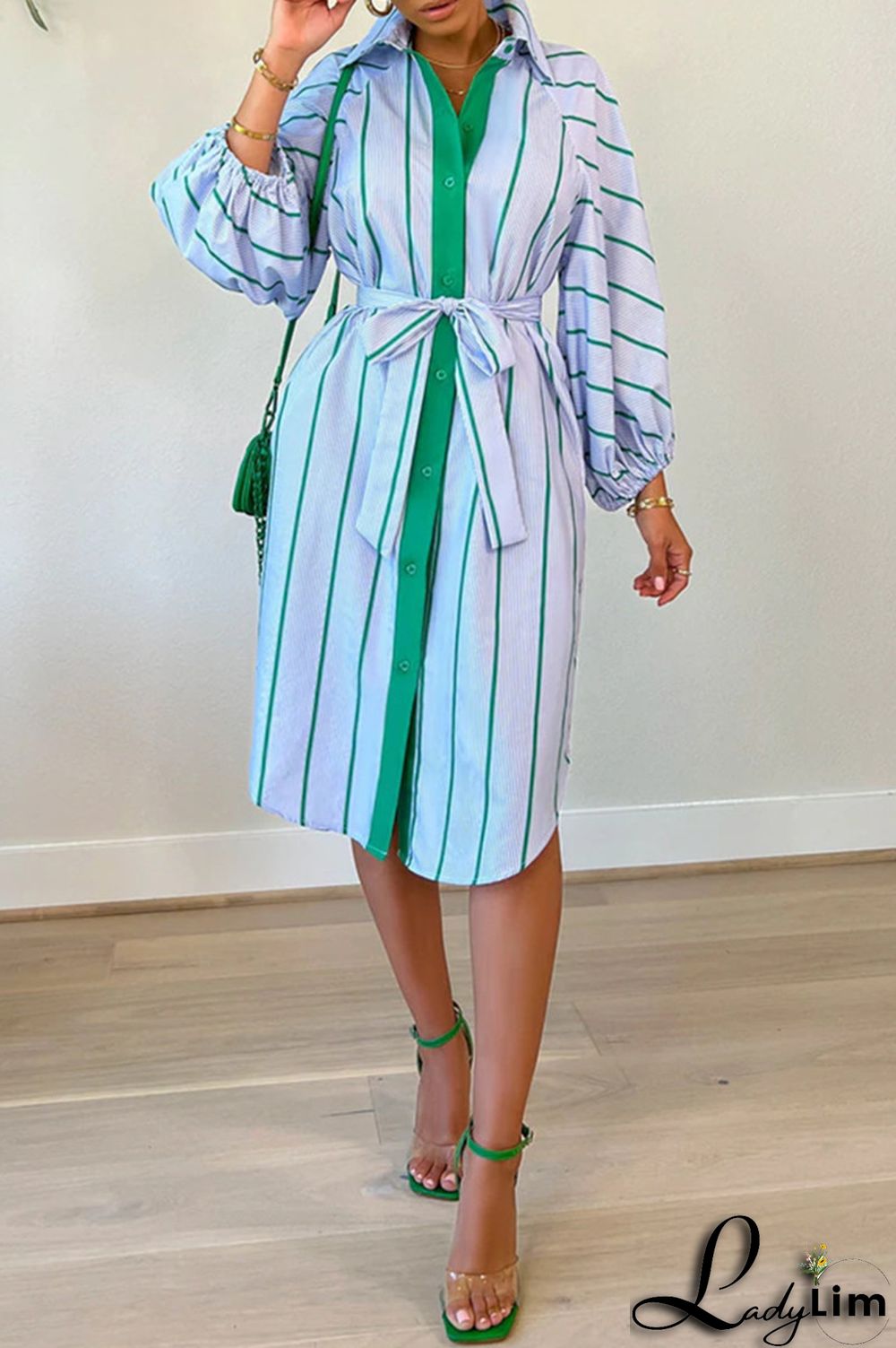 Pink Fashion Striped Print With Belt Turndown Collar Shirt Dress