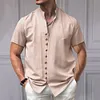 Camicia da uomo a maniche corte in cotone e lino con collo alto e bottoni