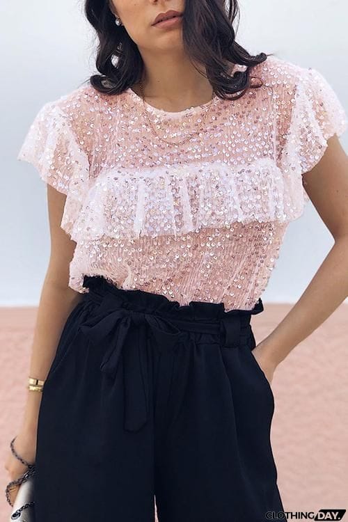 Ruffles Sequin Short Sleeve T Shirt
