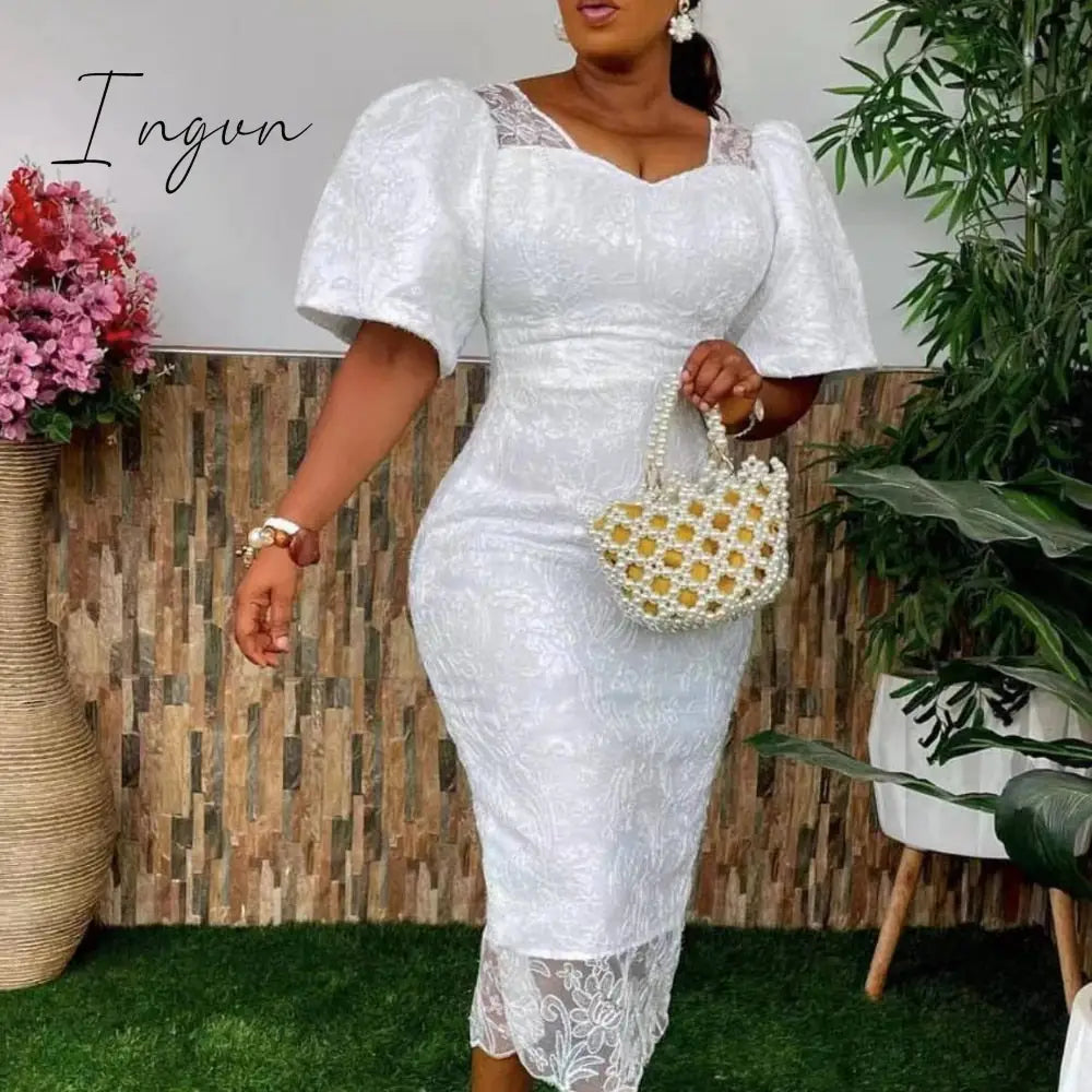 Ingvn - Women’s Elegant Floral Lace Bodycon Dress Short Sleeve Square Neck V Back Midi Length