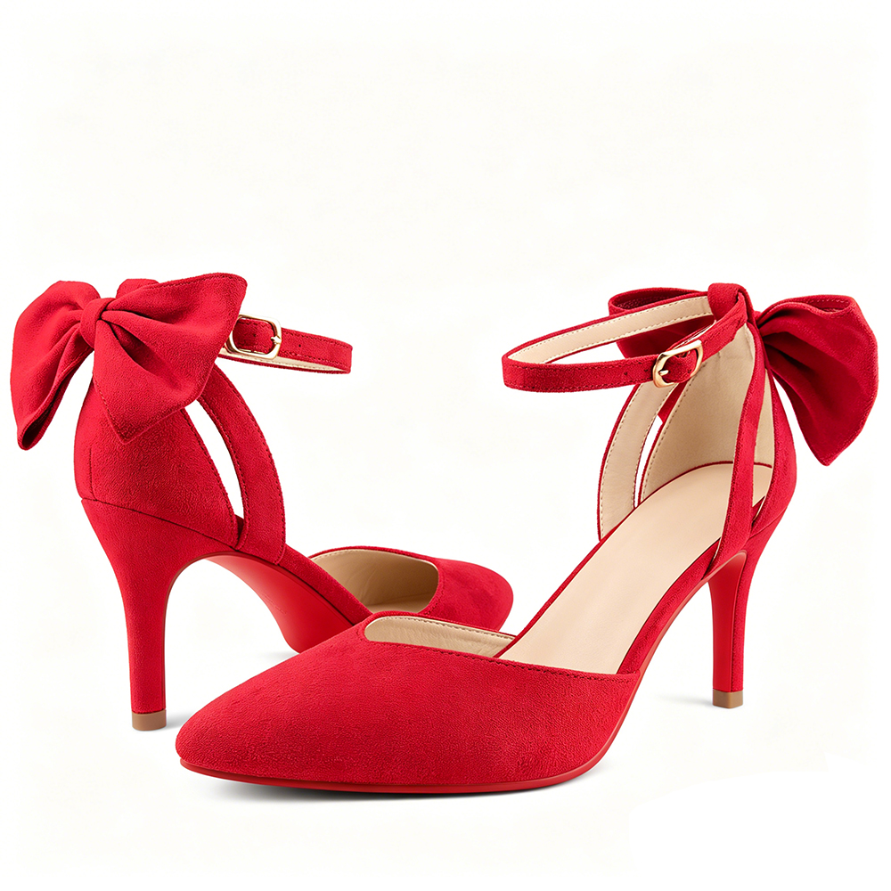 90mm Mid Heels for Women Bow Dress Heels Sandals Pointed Toe Pumps Red Bottoms Suede Shoes-MERUMOTE