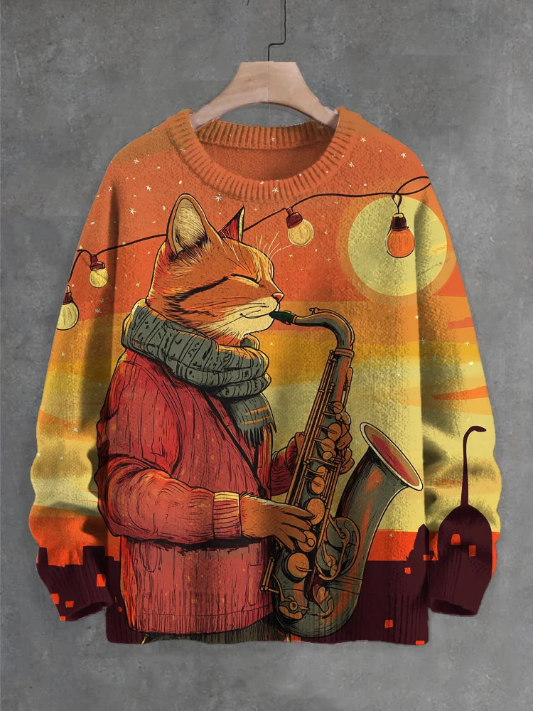 Men's Cat Plays the Saxophone Art Print Knit Sweatshirt