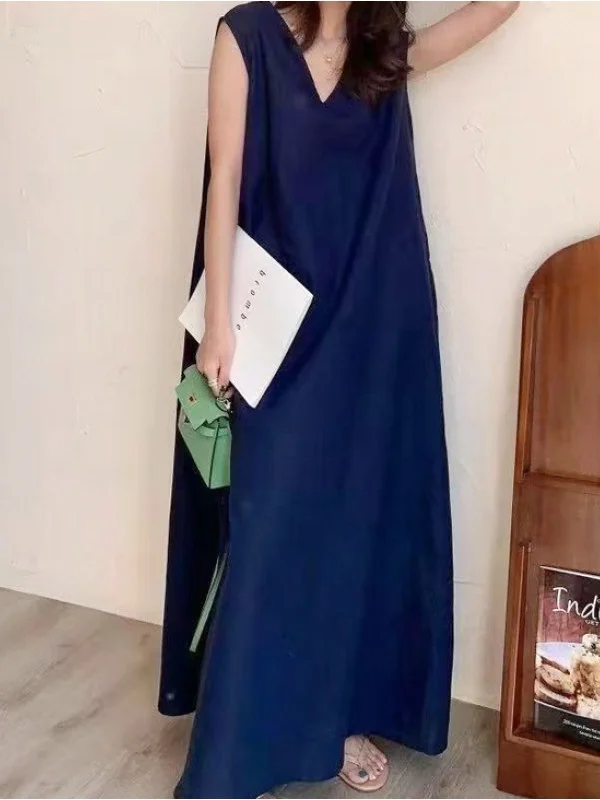 Retro Loose V-Neck Sleeveless Vest Maxi Dress